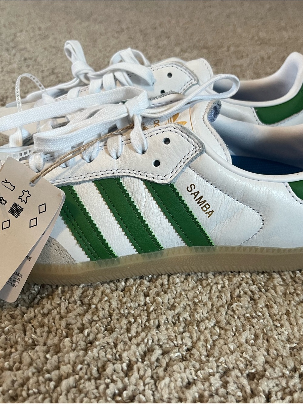 Adidas Samba Leather Sneakers - White with Green Stripes Men 9.5